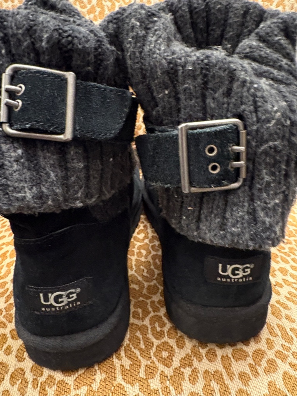 UGG Black Suede Booties with Charcoal Knit Cuffs